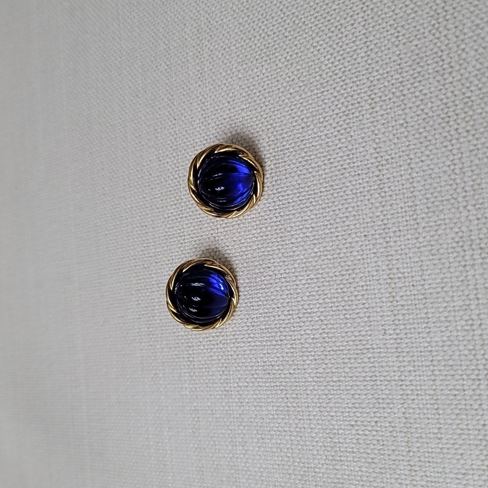 Blue & goldtone button earrings